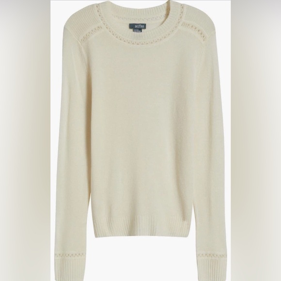 GRIFFEN 
Open Stitch Trim Wool & Cashmere Sweater - Ivory - Picture 5 of 12